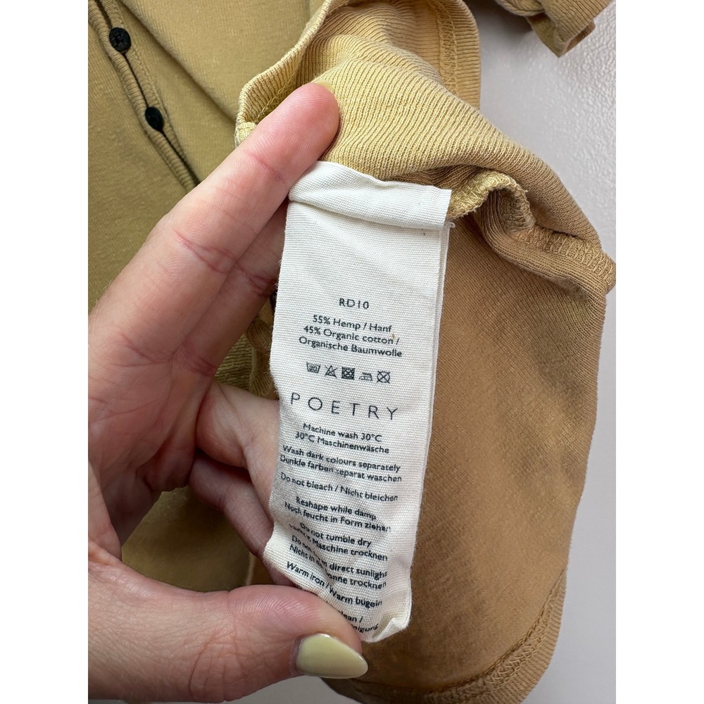 Poetry Short Sleeve Button Front Top 10 Yellow Ochre Hemp Organic Cotton Ribbed - Picture 4 of 6